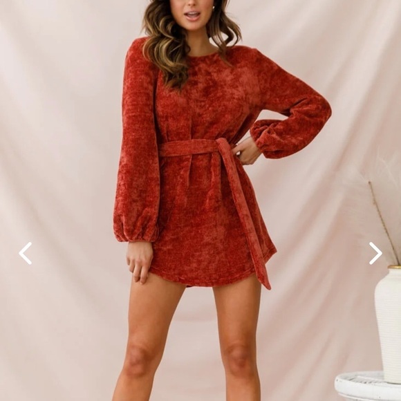 Selfie Leslie Diva Velvet Yarn Knit Sweater Dress Puff Sleeve Rust Womens Size L - Picture 4 of 15